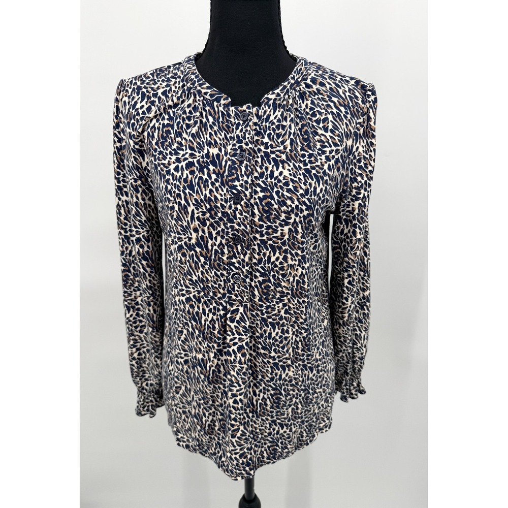 Joules Eliana Blouse Womens 6 Navy Tan Leopard Print Excellent Ruffle Cuff Top